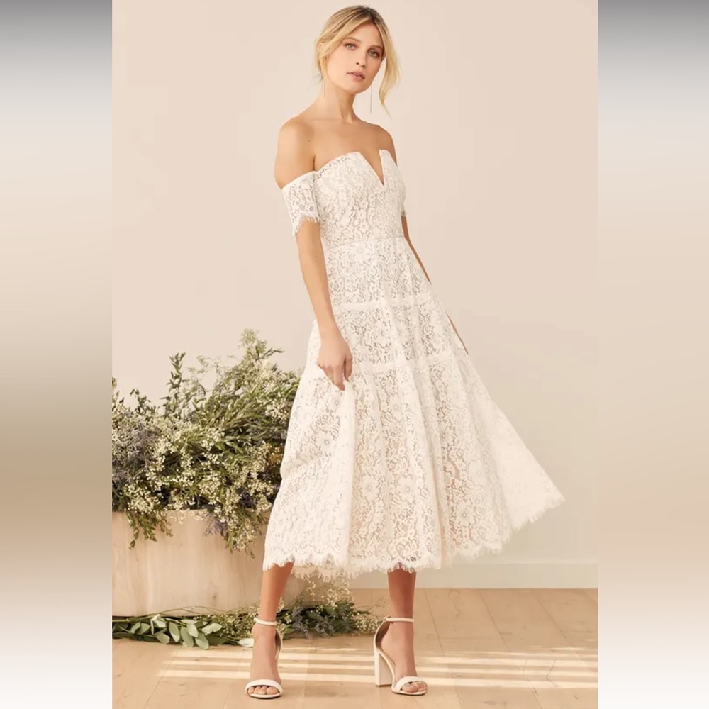 Beautiful white lace off the shoulder midi dress